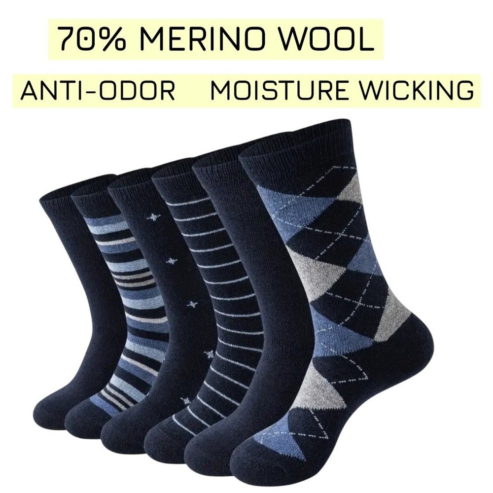 High Quality Merino Wool Thick Dress Socks LARGE Geometric Anti-Odor 6 Pack NICE